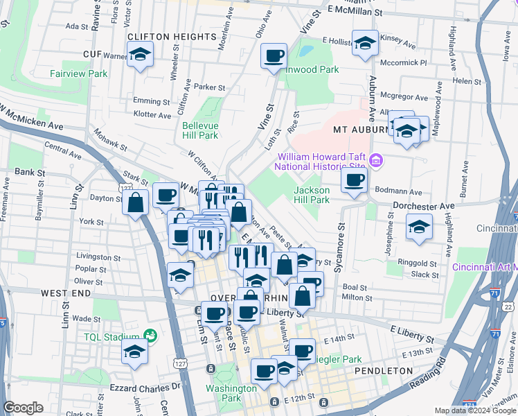 map of restaurants, bars, coffee shops, grocery stores, and more near 55 East Clifton Avenue in Cincinnati