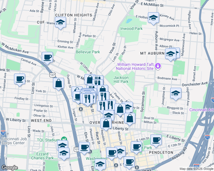map of restaurants, bars, coffee shops, grocery stores, and more near 55 East Clifton Avenue in Cincinnati