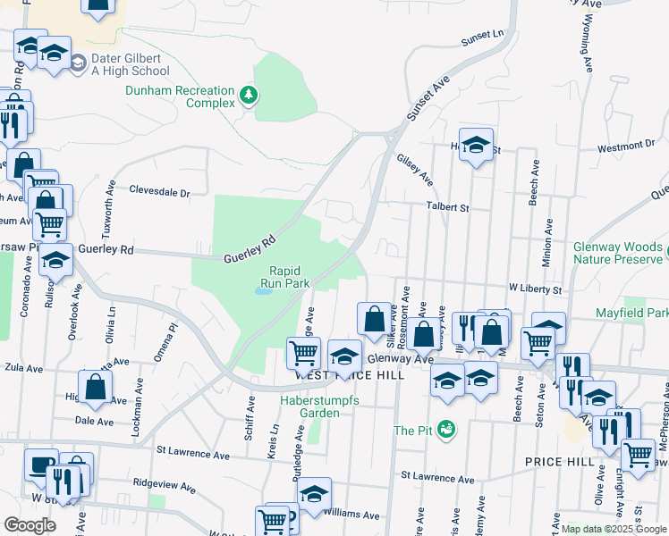 map of restaurants, bars, coffee shops, grocery stores, and more near 1301 Mckeone Avenue in Cincinnati