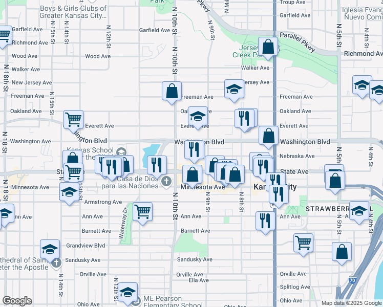 map of restaurants, bars, coffee shops, grocery stores, and more near 920 State Avenue in Kansas City