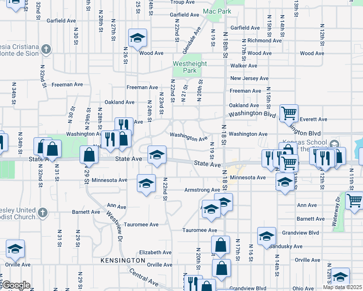 map of restaurants, bars, coffee shops, grocery stores, and more near 1106 Hoel Parkway in Kansas City