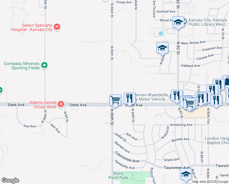 map of restaurants, bars, coffee shops, grocery stores, and more near 8542 State Avenue in Kansas City