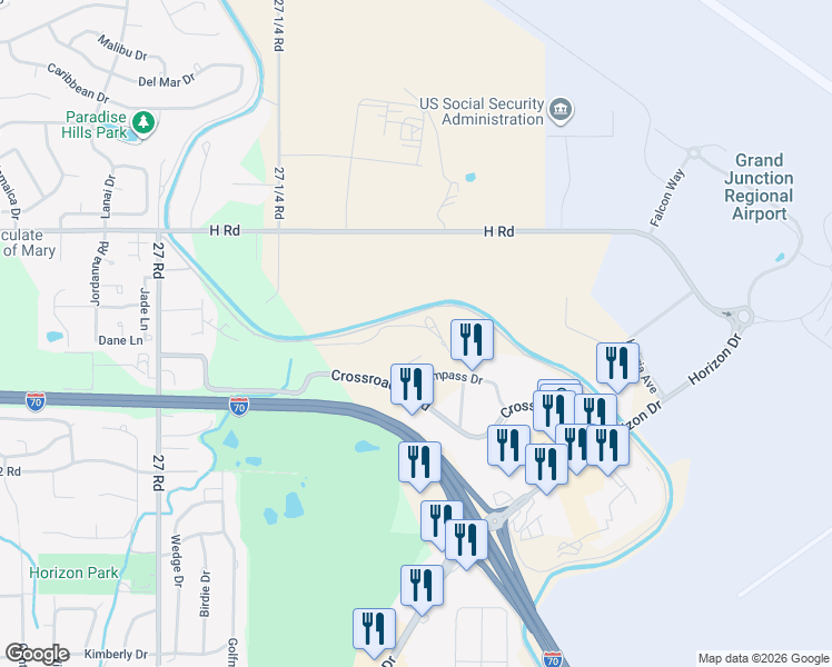 map of restaurants, bars, coffee shops, grocery stores, and more near 2748 Crossroads Boulevard in Grand Junction