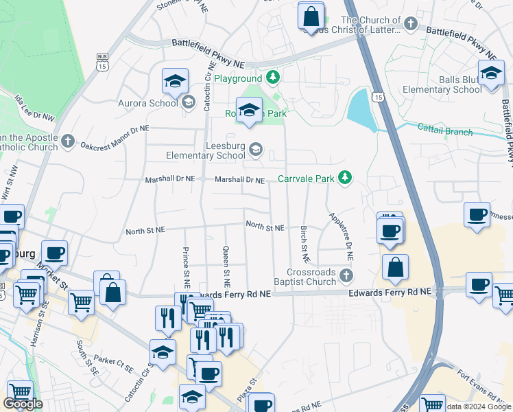 map of restaurants, bars, coffee shops, grocery stores, and more near 610 Nathan Place Northeast in Leesburg