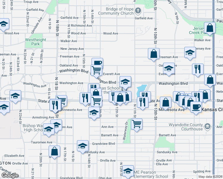 map of restaurants, bars, coffee shops, grocery stores, and more near 1218 North 12 Street in Kansas City