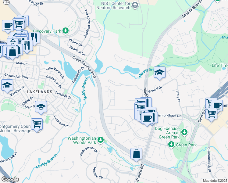 map of restaurants, bars, coffee shops, grocery stores, and more near 311 High Gables Drive in Gaithersburg