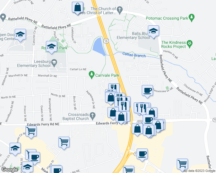 map of restaurants, bars, coffee shops, grocery stores, and more near 1109 Huntmaster Terrace Northeast in Leesburg