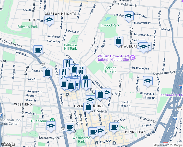 map of restaurants, bars, coffee shops, grocery stores, and more near 45 Mulberry Street in Cincinnati