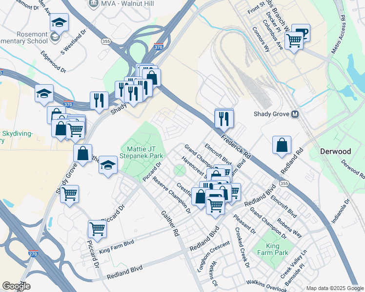 map of restaurants, bars, coffee shops, grocery stores, and more near 1116 Grand Champion Drive in Rockville