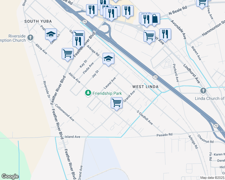 map of restaurants, bars, coffee shops, grocery stores, and more near 1089 Laurel Avenue in Olivehurst