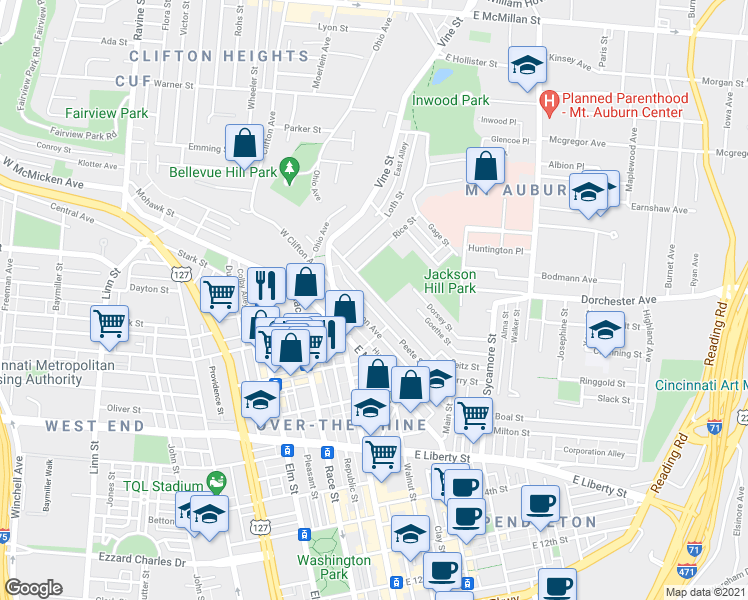 map of restaurants, bars, coffee shops, grocery stores, and more near 45 Mulberry Street in Cincinnati