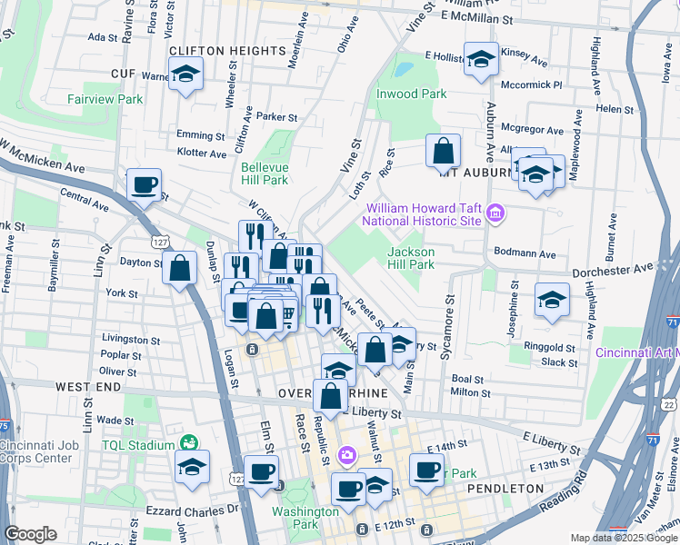 map of restaurants, bars, coffee shops, grocery stores, and more near 45 Mulberry Street in Cincinnati