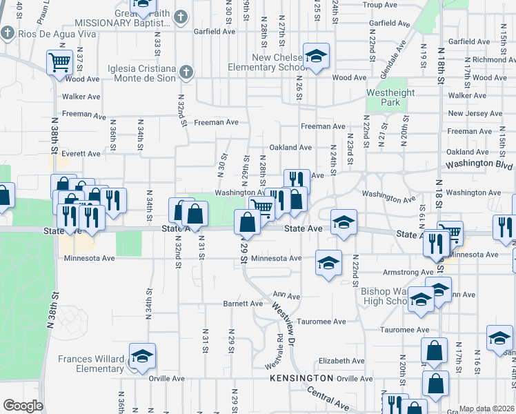 map of restaurants, bars, coffee shops, grocery stores, and more near 1300 North 28th Street in Kansas City