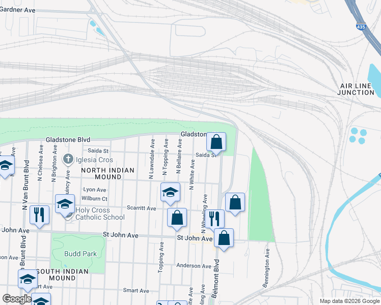 map of restaurants, bars, coffee shops, grocery stores, and more near 500 North White Avenue in Kansas City