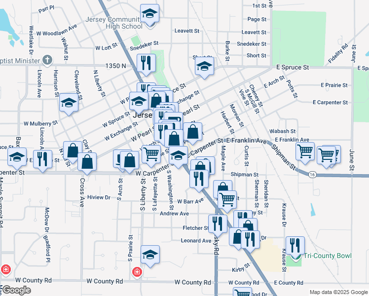 map of restaurants, bars, coffee shops, grocery stores, and more near 205 South Jefferson Street in Jerseyville