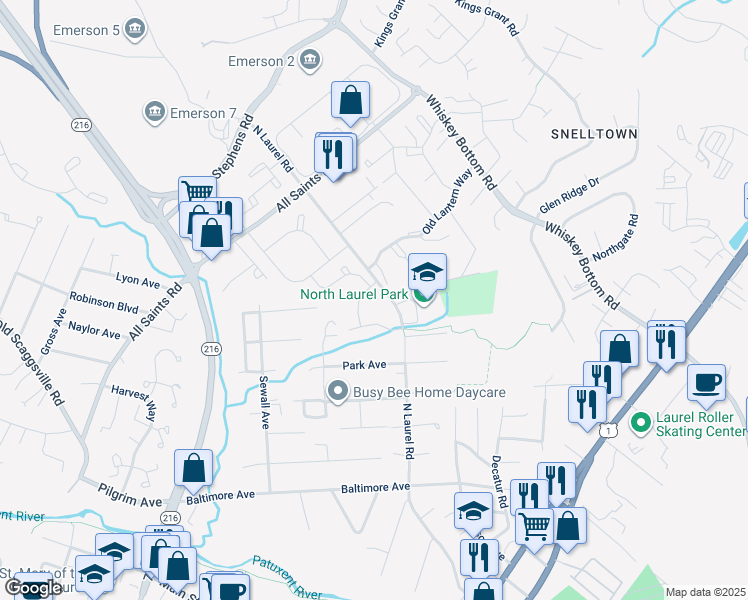 map of restaurants, bars, coffee shops, grocery stores, and more near 9215 Bridle Path Lane in Laurel
