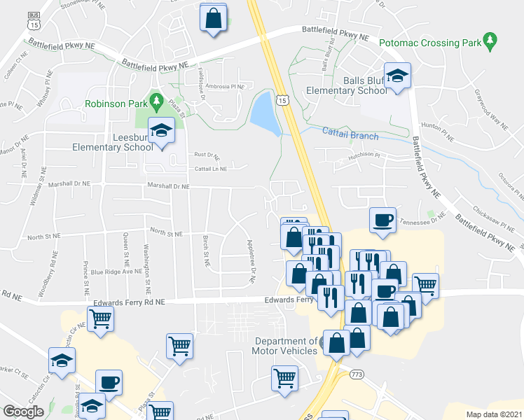 map of restaurants, bars, coffee shops, grocery stores, and more near 1001 Foxhunt Terrace Northeast in Leesburg