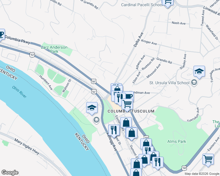 map of restaurants, bars, coffee shops, grocery stores, and more near 427 Delta Avenue in Cincinnati