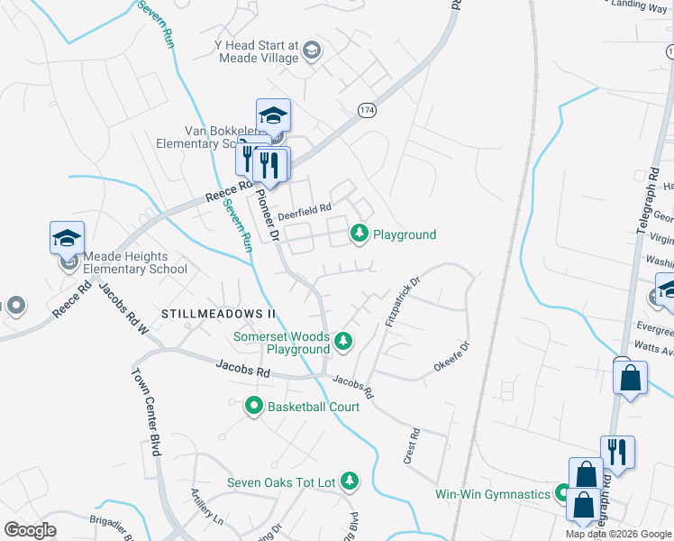 map of restaurants, bars, coffee shops, grocery stores, and more near 1800 Arwell Court in Severn