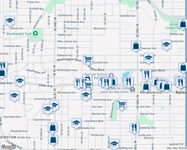 map of restaurants, bars, coffee shops, grocery stores, and more near 1231 Washington Boulevard in Kansas City