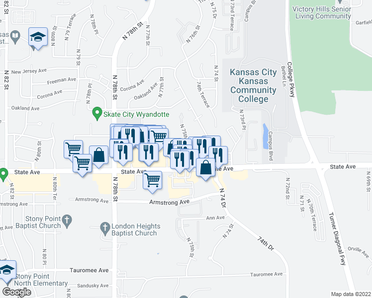 map of restaurants, bars, coffee shops, grocery stores, and more near 1201 North 75th Place in Kansas City