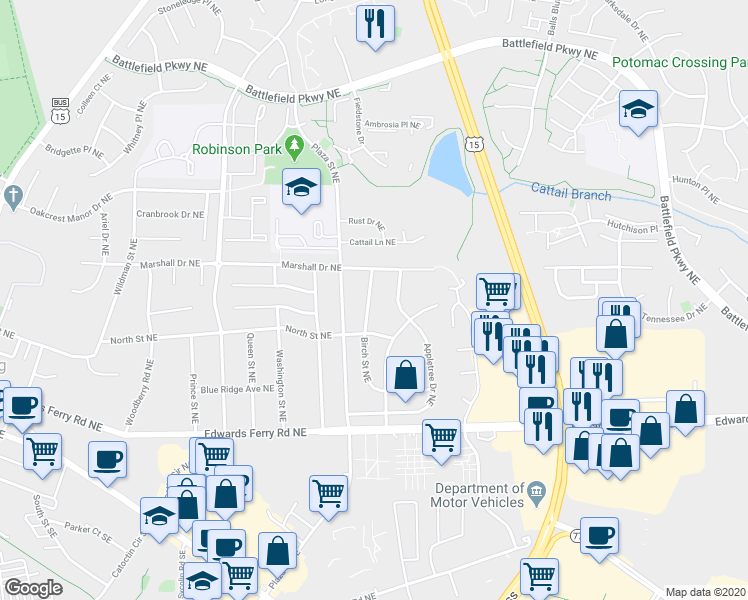 map of restaurants, bars, coffee shops, grocery stores, and more near 210 Birch Street Northeast in Leesburg