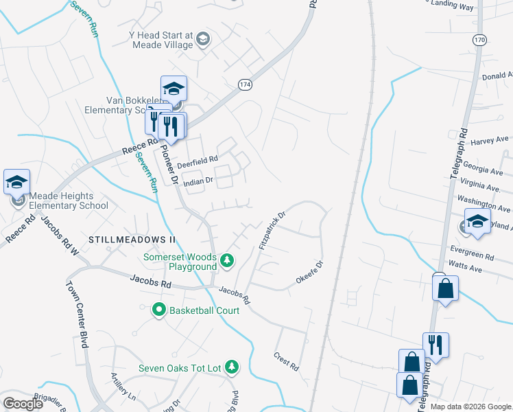 map of restaurants, bars, coffee shops, grocery stores, and more near 1800 Arwell Court in Severn