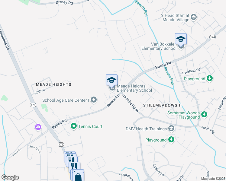 map of restaurants, bars, coffee shops, grocery stores, and more near 1925 Reece Road in Fort Meade