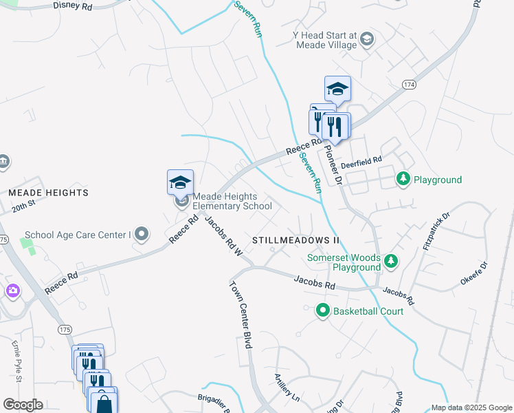 map of restaurants, bars, coffee shops, grocery stores, and more near 1120 Red Hawk Way in Severn