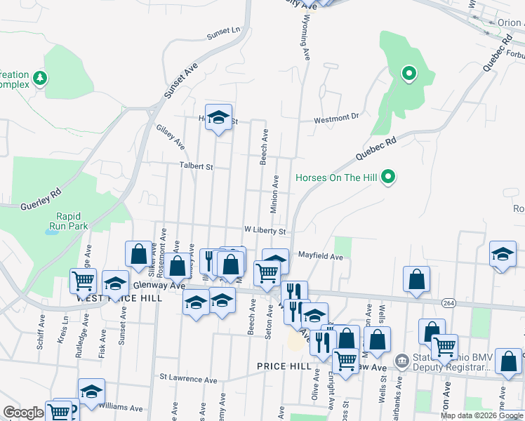 map of restaurants, bars, coffee shops, grocery stores, and more near 1646 Minion Avenue in Cincinnati