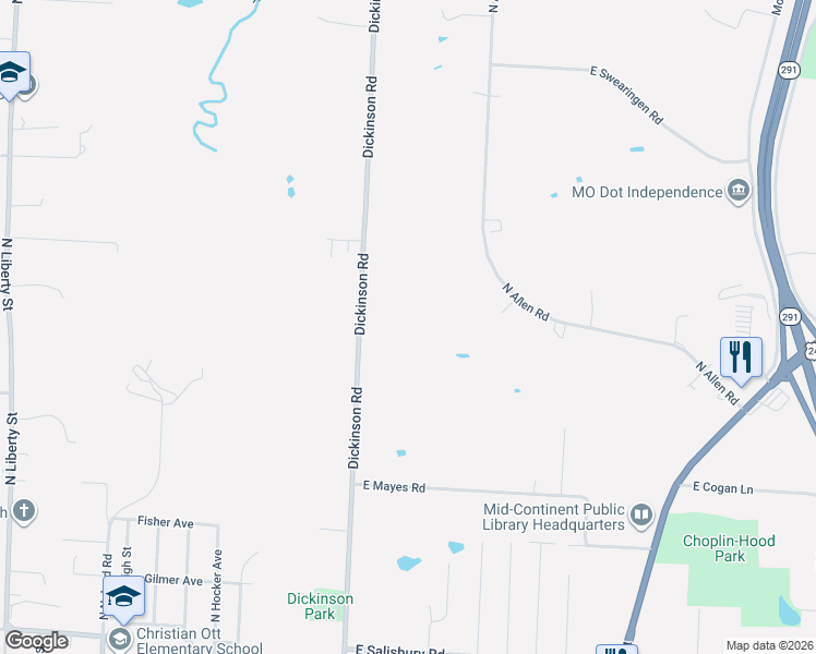 map of restaurants, bars, coffee shops, grocery stores, and more near 715 Dickinson Road in Independence