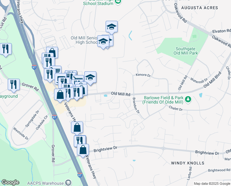 map of restaurants, bars, coffee shops, grocery stores, and more near 600 Patriot Lane in Millersville