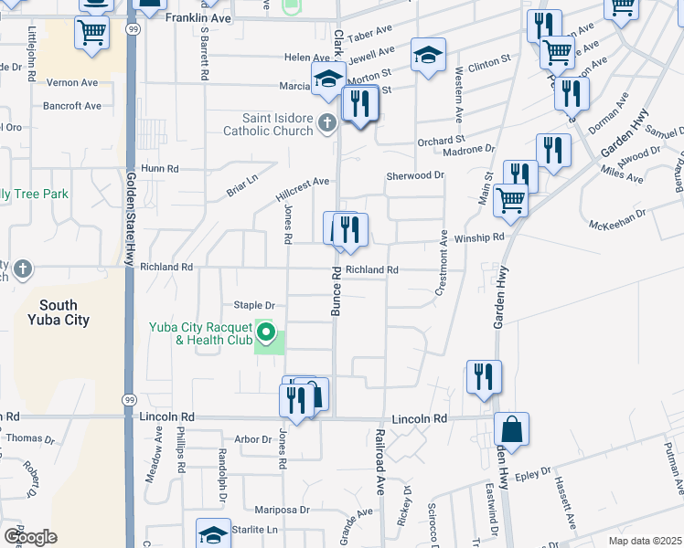 map of restaurants, bars, coffee shops, grocery stores, and more near 890 Richland Road in Yuba City