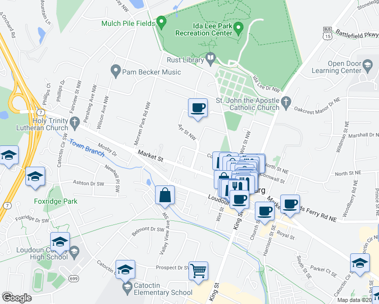 map of restaurants, bars, coffee shops, grocery stores, and more near 231 Cornwall Street in Leesburg