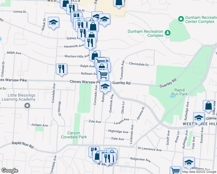 map of restaurants, bars, coffee shops, grocery stores, and more near 4878 Guerley Road in Cincinnati
