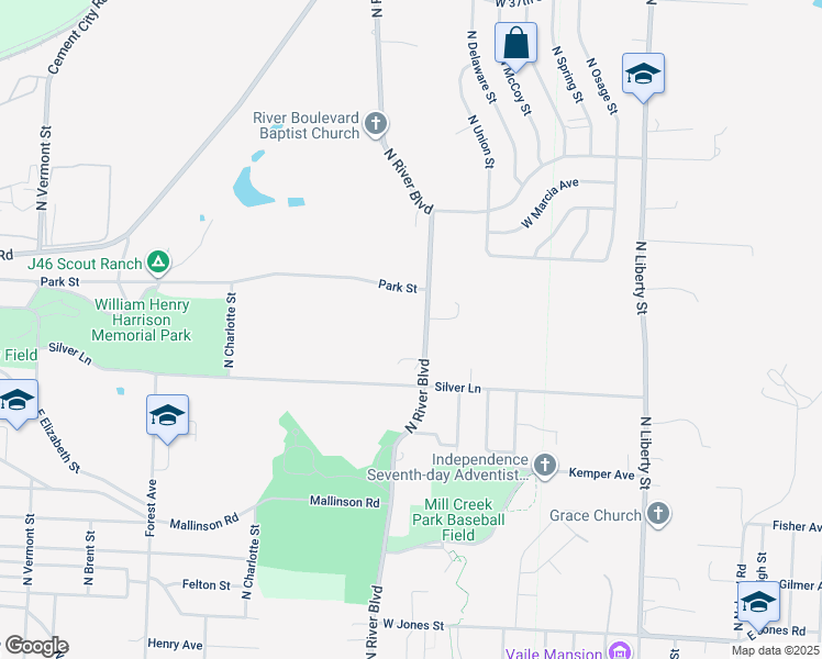 map of restaurants, bars, coffee shops, grocery stores, and more near 2522 North River Boulevard in Independence