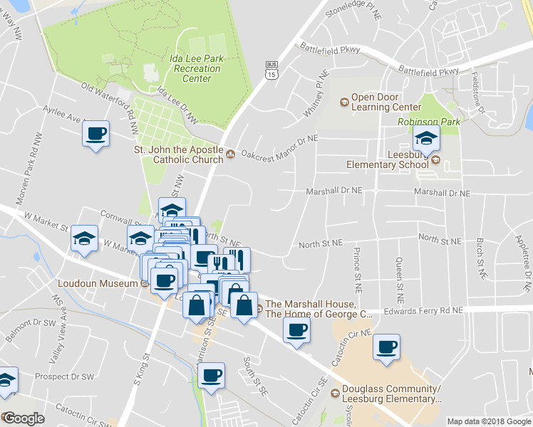 map of restaurants, bars, coffee shops, grocery stores, and more near 270 Ariel Drive Northeast in Leesburg