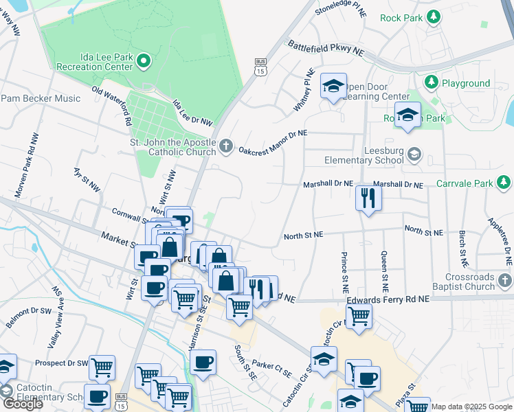 map of restaurants, bars, coffee shops, grocery stores, and more near 270 Ariel Drive Northeast in Leesburg