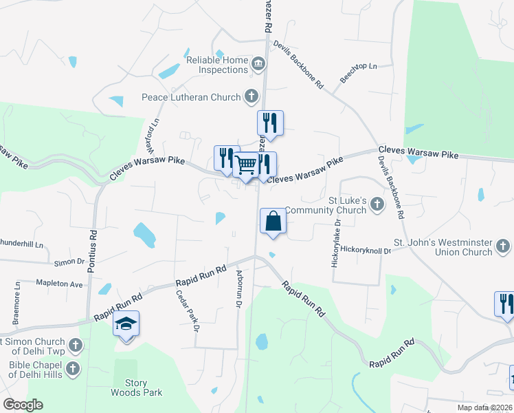 map of restaurants, bars, coffee shops, grocery stores, and more near 6107 Cleves Warsaw Pike in Cincinnati