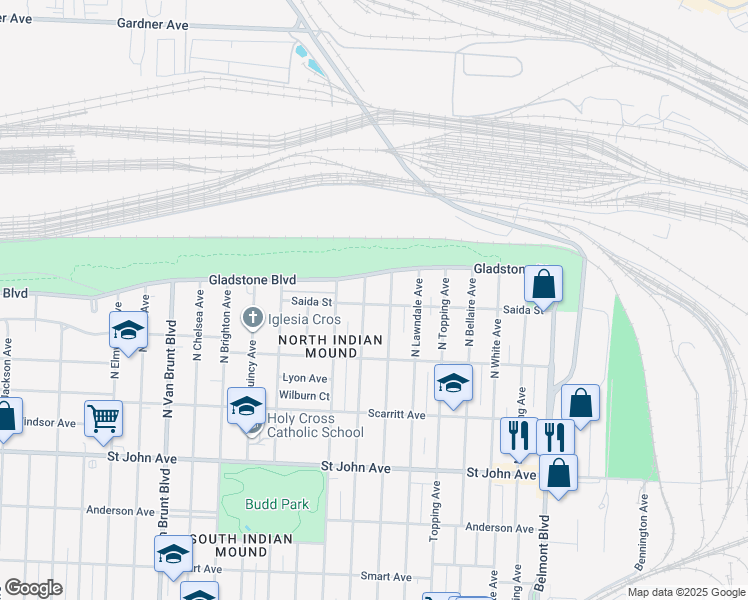map of restaurants, bars, coffee shops, grocery stores, and more near 5515 Gladstone Boulevard in Kansas City