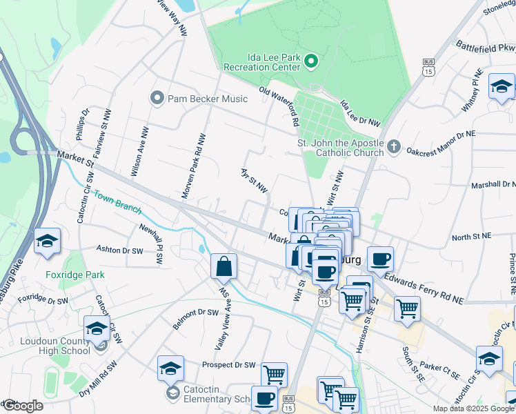 map of restaurants, bars, coffee shops, grocery stores, and more near 231 Cornwall Street in Leesburg