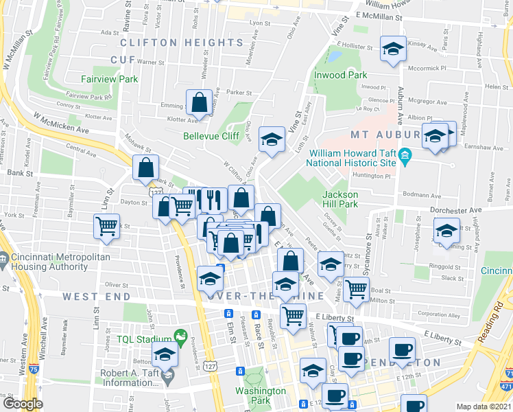 map of restaurants, bars, coffee shops, grocery stores, and more near in Cincinnati
