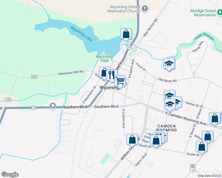 map of restaurants, bars, coffee shops, grocery stores, and more near 118 Broad Street in Wyoming