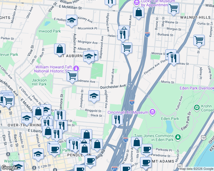 map of restaurants, bars, coffee shops, grocery stores, and more near 2019 Highland Avenue in Cincinnati