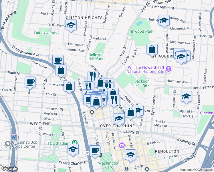 map of restaurants, bars, coffee shops, grocery stores, and more near in Cincinnati