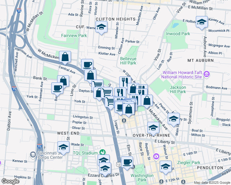 map of restaurants, bars, coffee shops, grocery stores, and more near 2022 Elm Street in Cincinnati