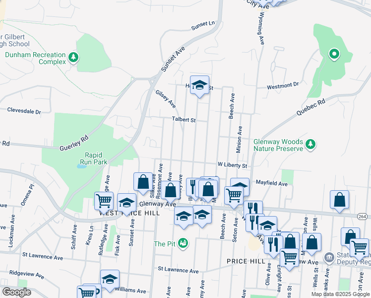 map of restaurants, bars, coffee shops, grocery stores, and more near 1638 Gilsey Avenue in Cincinnati