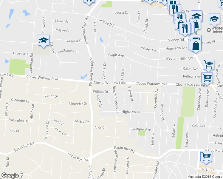 map of restaurants, bars, coffee shops, grocery stores, and more near 5238 Willnet Drive in Cincinnati