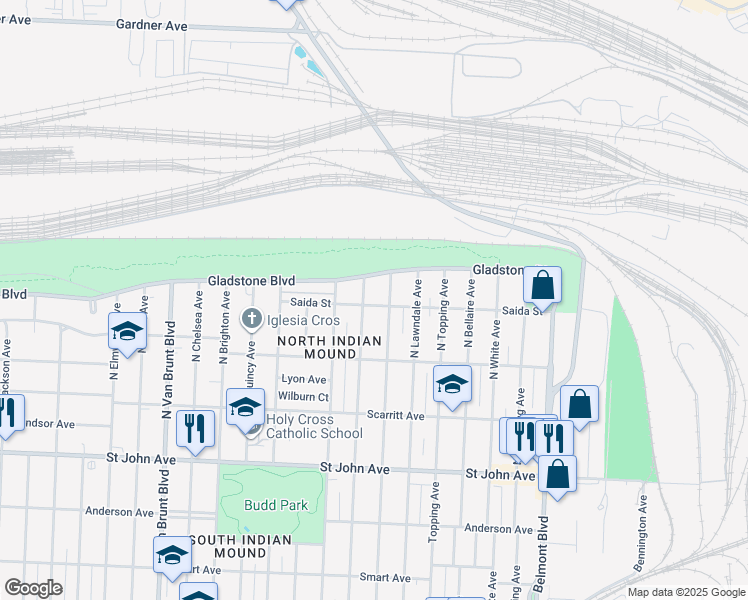 map of restaurants, bars, coffee shops, grocery stores, and more near 5515 Gladstone Boulevard in Kansas City