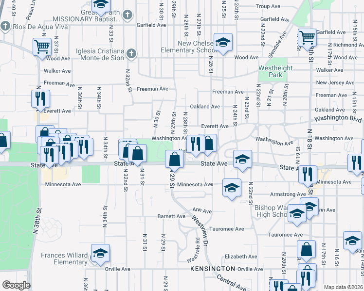 map of restaurants, bars, coffee shops, grocery stores, and more near 1300 North 28th Street in Kansas City